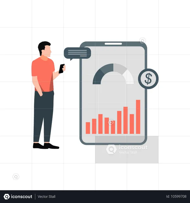 Young man talking about pie chart  Illustration