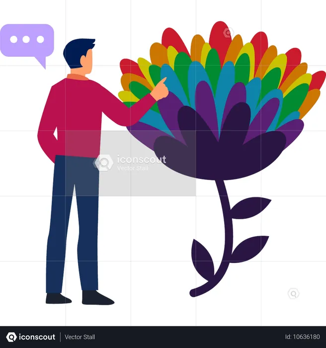 Young man talking about retro flower  Illustration