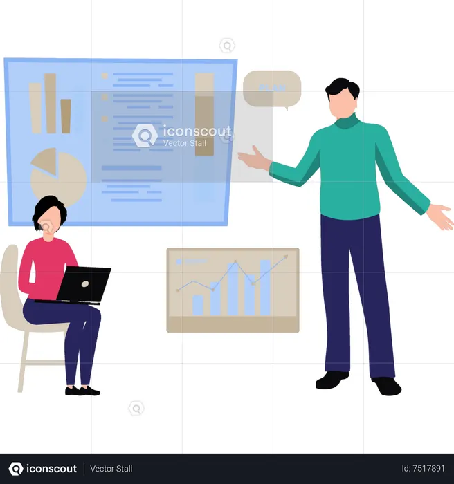 Young man talking to woman about chart analytics  Illustration