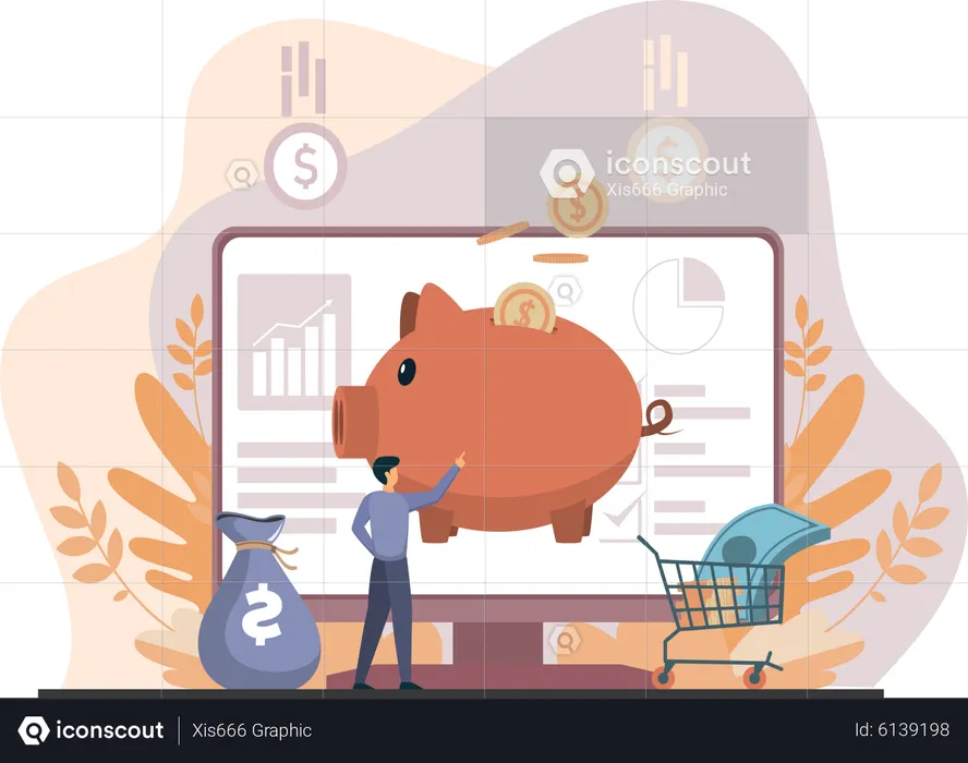 Young Man Teaches About Financial Investments In Piggy Bank  Illustration