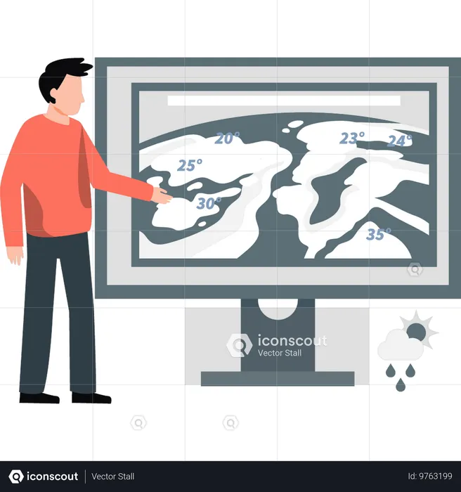 Young man telling different areas temperature from map  Illustration