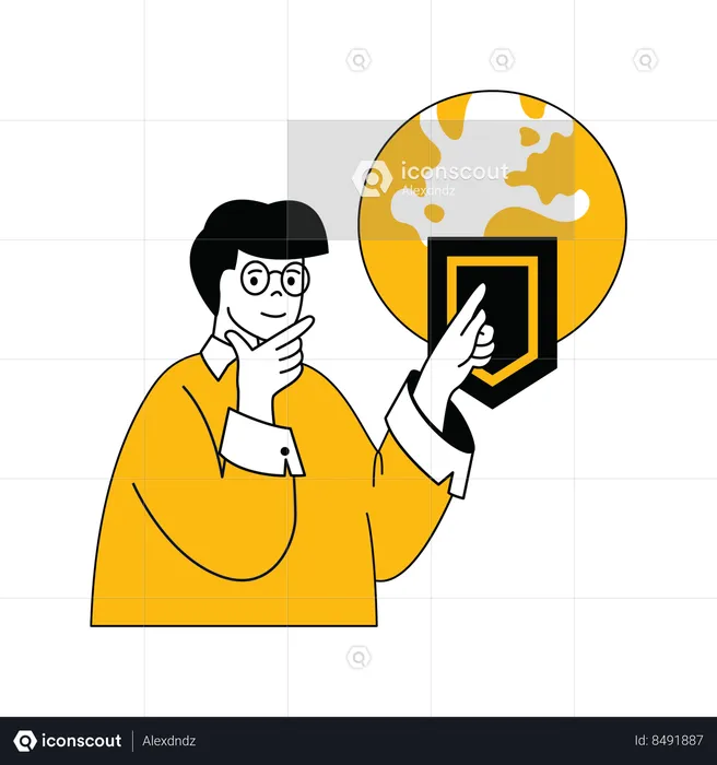 Young man thinking about global security  Illustration