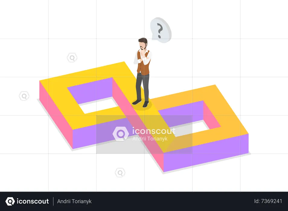 Young man thinking about impossible shape  Illustration