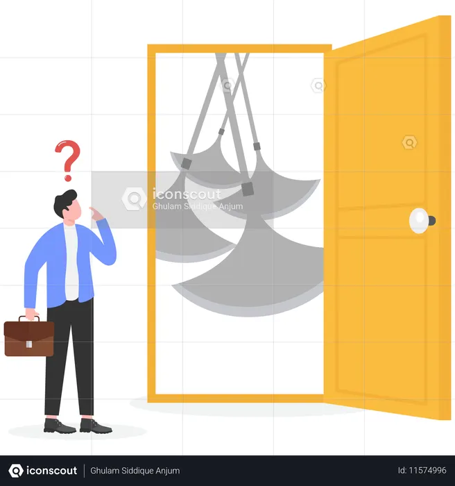 Young man thinking to pass through tunnel with swinging blades  Illustration