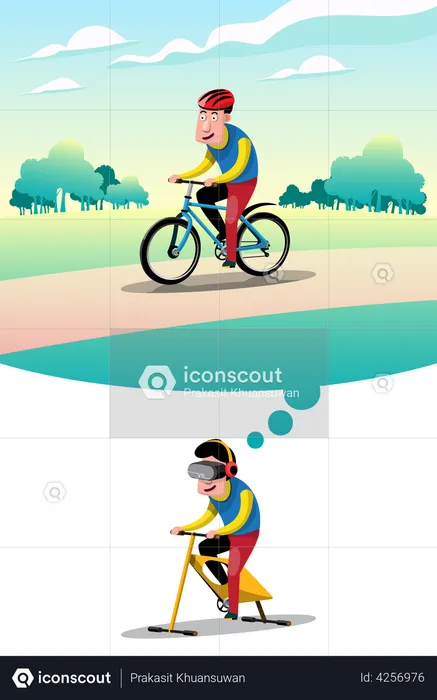 Young man trains with VR equipment and dreams of becoming world-class cycling athlete  Illustration