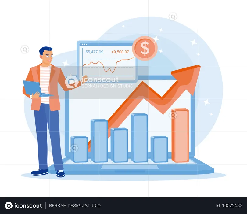 Young man using laptop to analyze stock market trading charts  Illustration