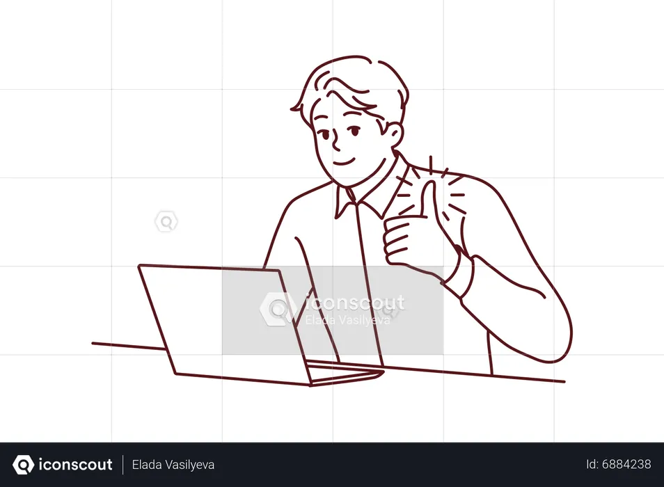 Young man using laptop while giving thumbs up  Illustration