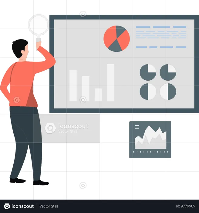 Young man using magnifier trying to explain it more detailing  Illustration