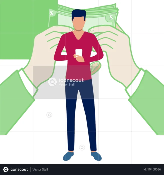 Young man using mobile and donated money  Illustration