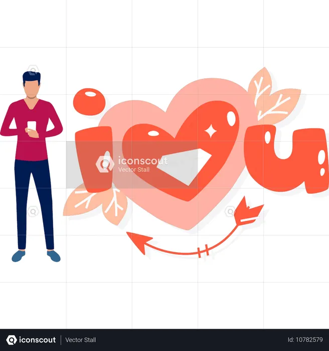 Young man using mobile phone for sending love messages  Illustration