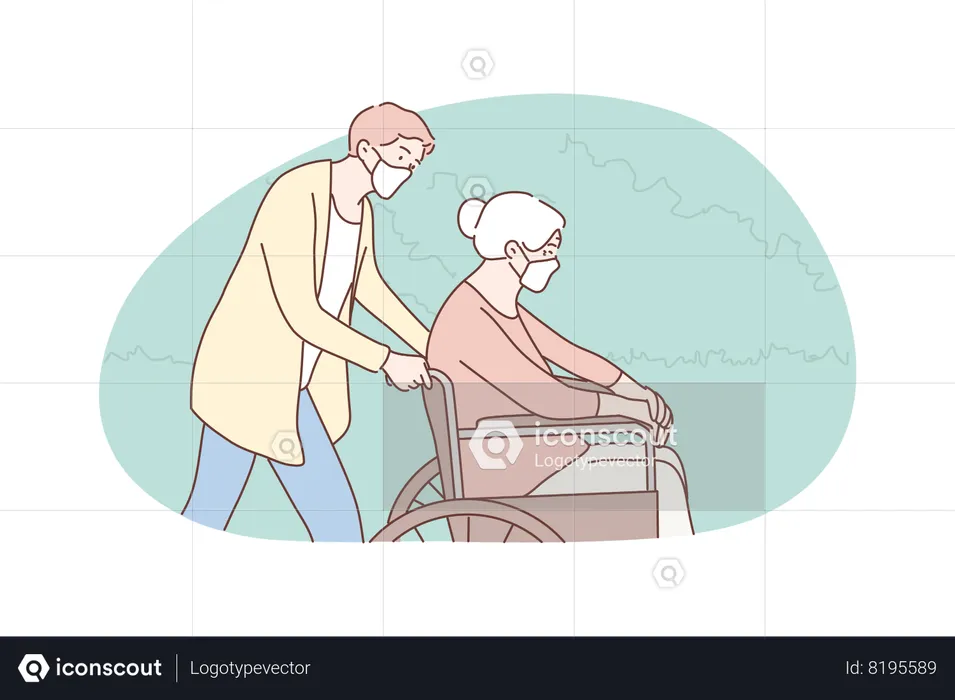 Young man volunteer in medical face mask pushing wheelchair old woman granny pensioner  Illustration