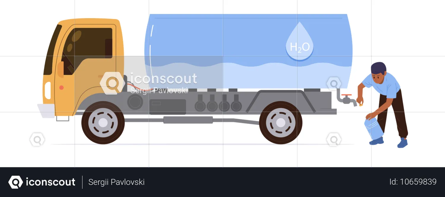 Young man volunteer pouring fresh clean drinking water from lorry truck  Illustration