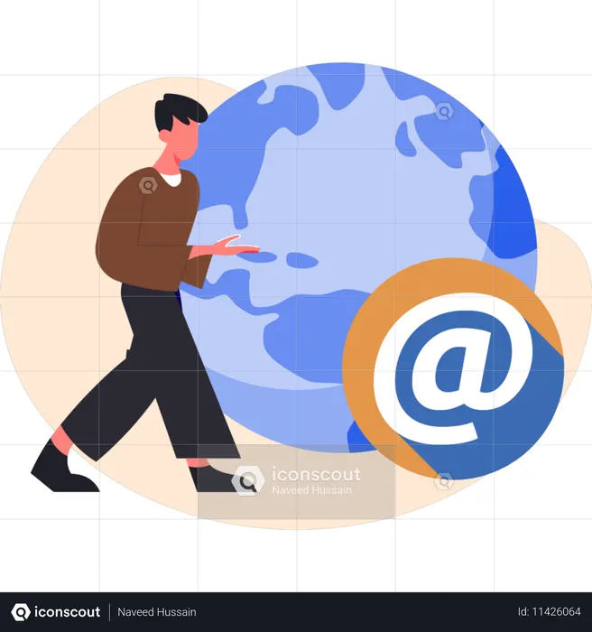Young man walking near global world  Illustration