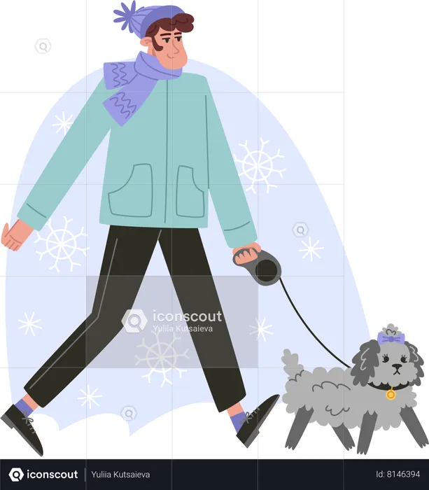 Young man walking with a small curly dog winter  Illustration