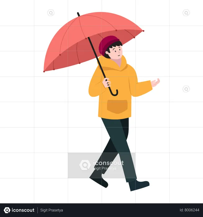 Young Man Walking with Umbrella  Illustration