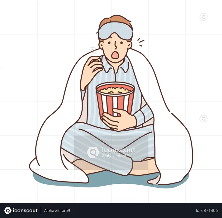 Young man watching movie in night  Illustration