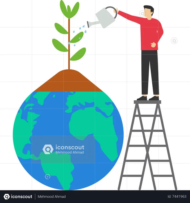 Young man watering the tree for growth  Illustration