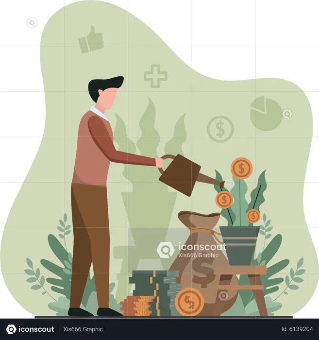 Young Man Watering To The Money Plant  Illustration