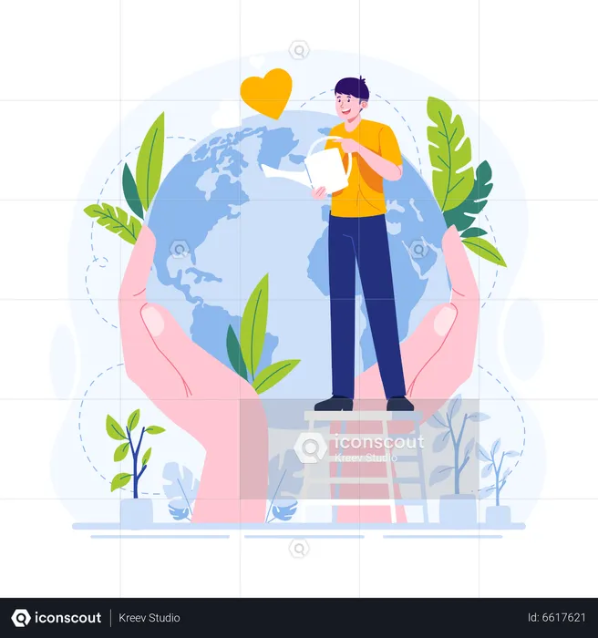 Young man watering trees to save the planet  Illustration