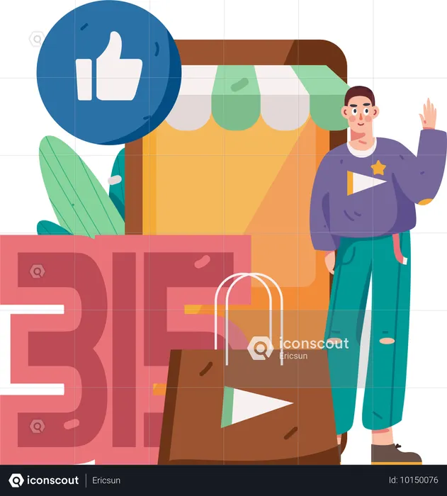 Young man waving hand while getting online shopping security  Illustration