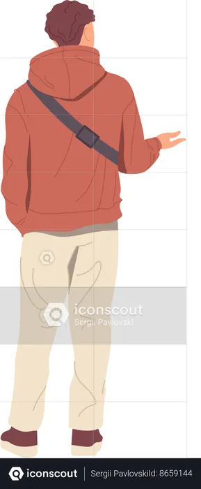 Young man wearing sportive hoodie talking to someone standing back  Illustration