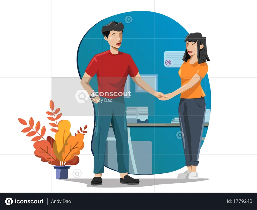 Young man welcoming a young lady in office  Illustration