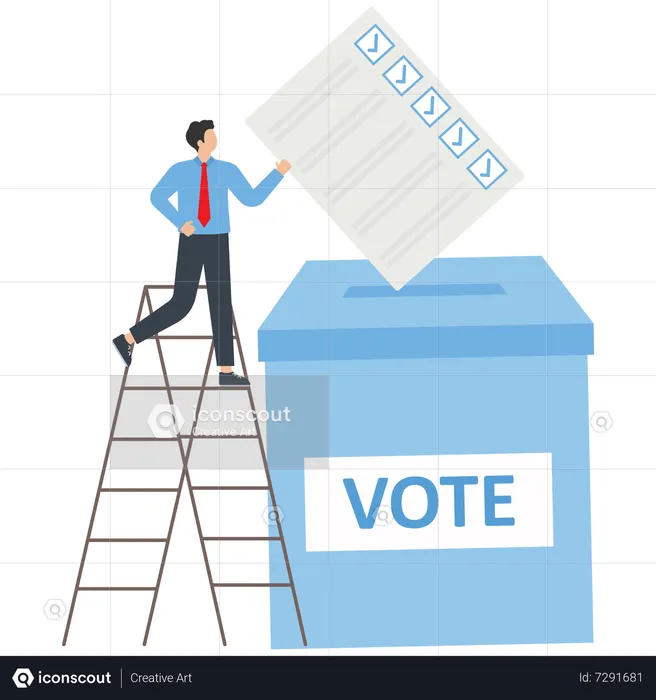 Young Man With A Voting Card Puts His Vote Into The Ballot Box  Illustration