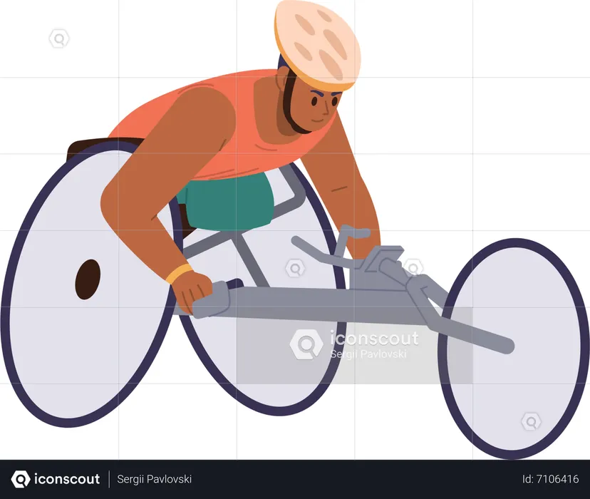 Young man with amputated legs riding in wheelchair taking part in speed racing competition  Illustration