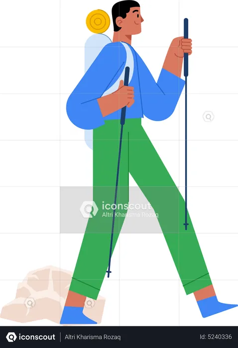 Young man with backpack hiking mountain with pole  Illustration