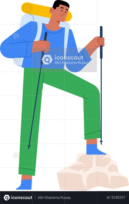 Young man with backpack standing on rock with pole  Illustration