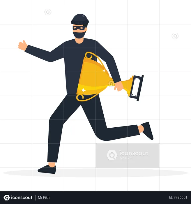 Young man with black mask stealing Achievement Trophy away  Illustration