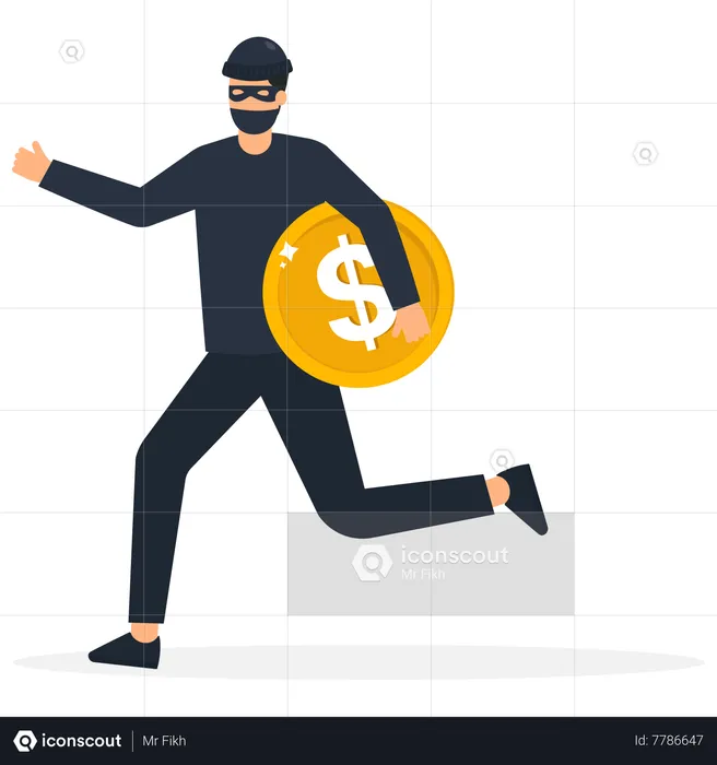 Young man with black mask stealing dollar coin away  Illustration