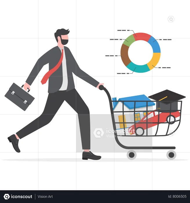 Young man with house, car, credit card, education and utilities cost in shopping cart  Illustration