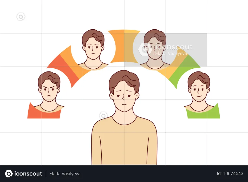 Young man with impostor syndrome feels drop in mood when standing near emotion scale  Illustration