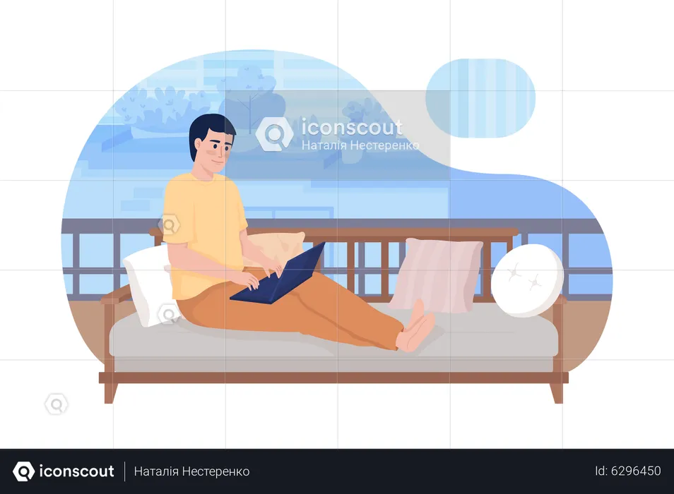 Young man with laptop sitting on couch comfortably  Illustration