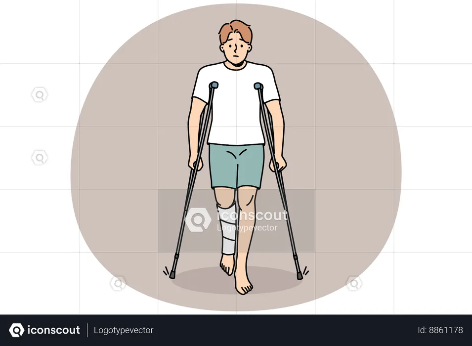 Young man with leg injury walk on crutches  Illustration