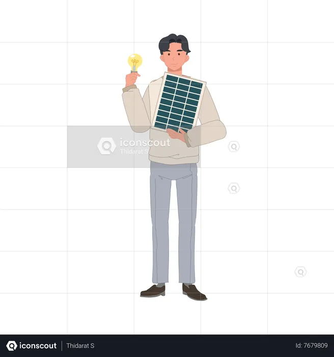 Young man with solar cell panel and light bulb to show clean energy  Illustration