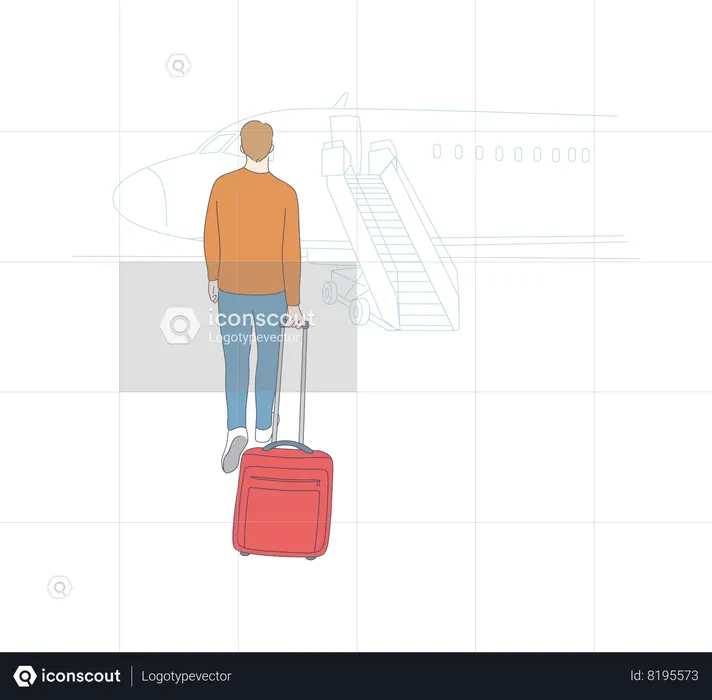 Young man with suitcase walking backwards going to plane and feeling scared to fly  Illustration