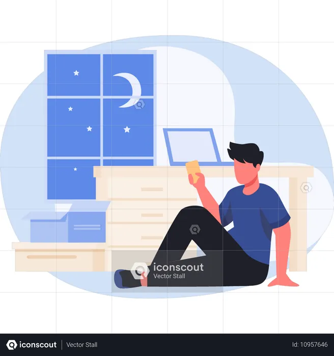 Young man working at night  Illustration