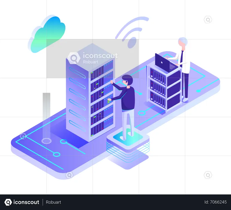 Young man working in server room  Illustration