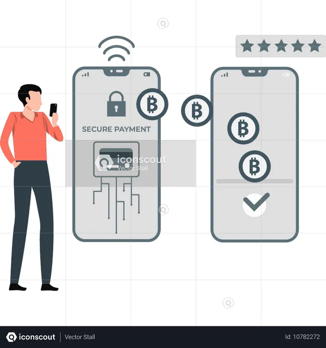 Young man working on bitcoin blockchain  Illustration