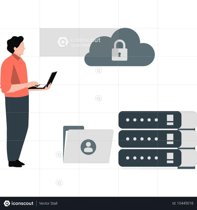 Young man working on cloud protection  Illustration