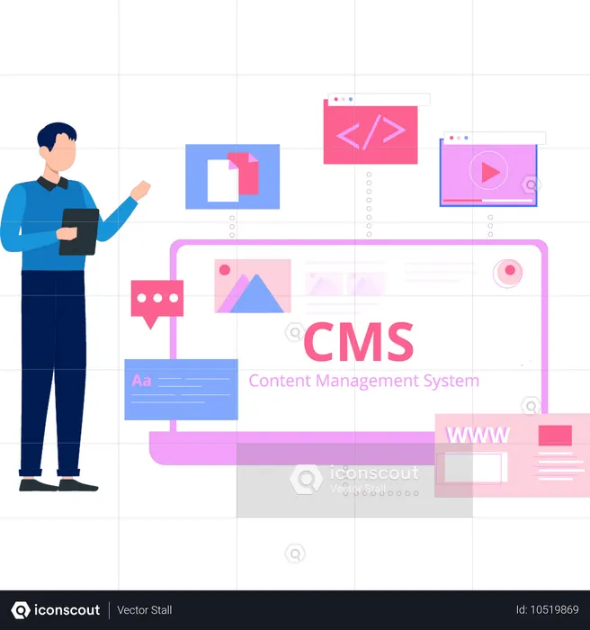 CMS 시스템에서 작업하는 청년  일러스트레이션