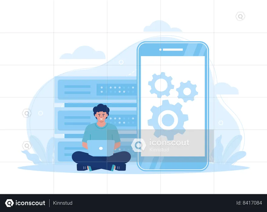Young man working on data processing software  Illustration