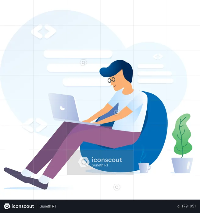 Young man working on laptop and sitting on bean bag showing concept of freelancing  Illustration