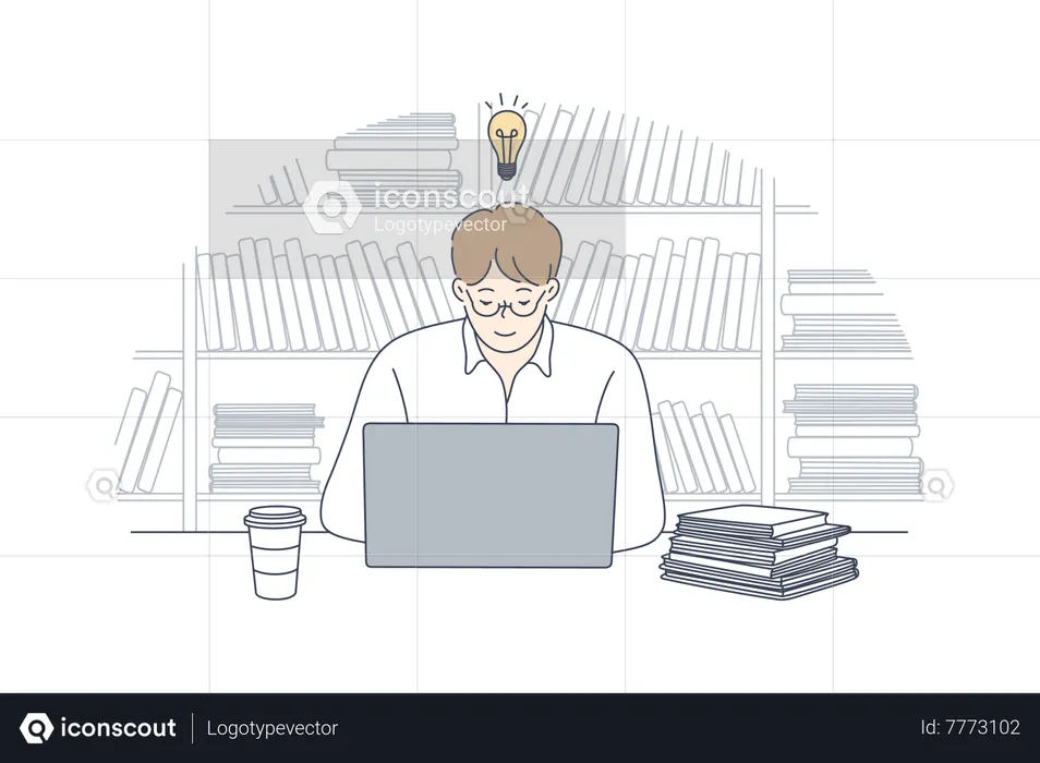 Young man working on laptop while getting idea  Illustration