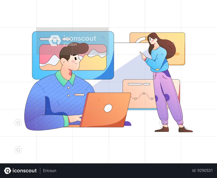 Young man working on laptop while girl doing business analysis  Illustration