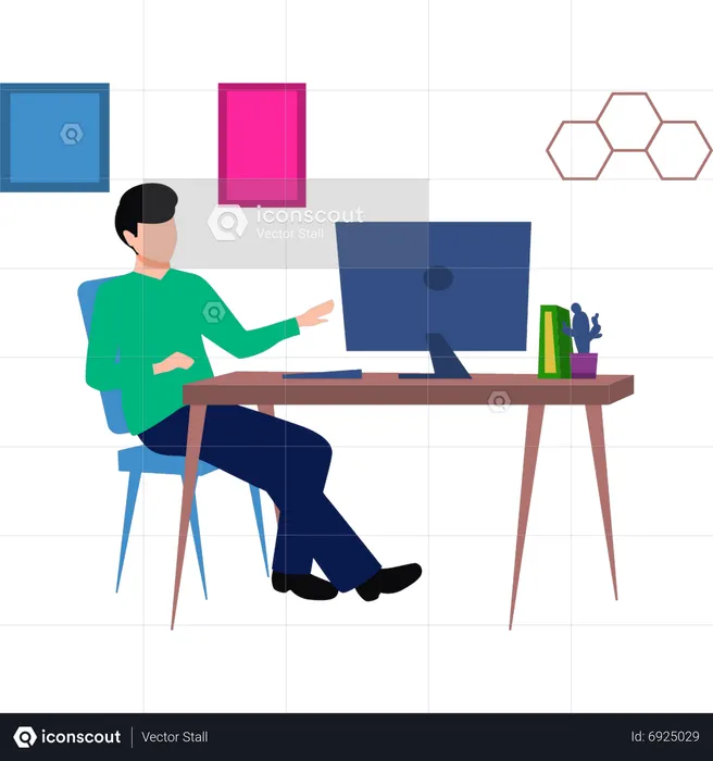 Young man working on monitor  Illustration