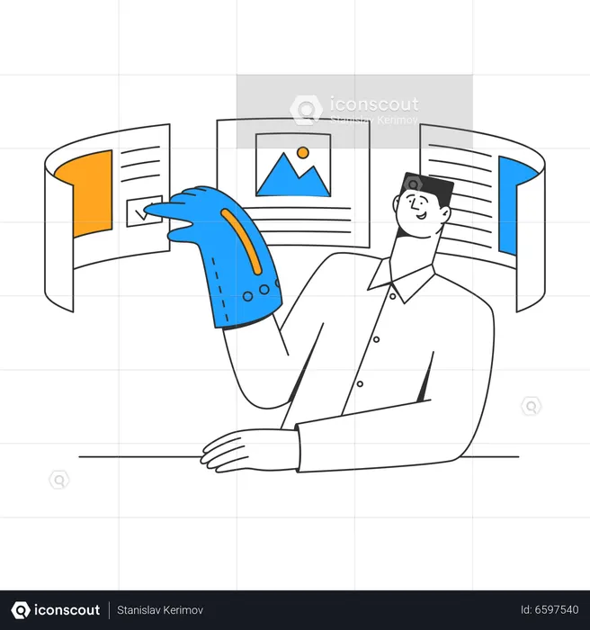 Young man works behind the technological displays  Illustration