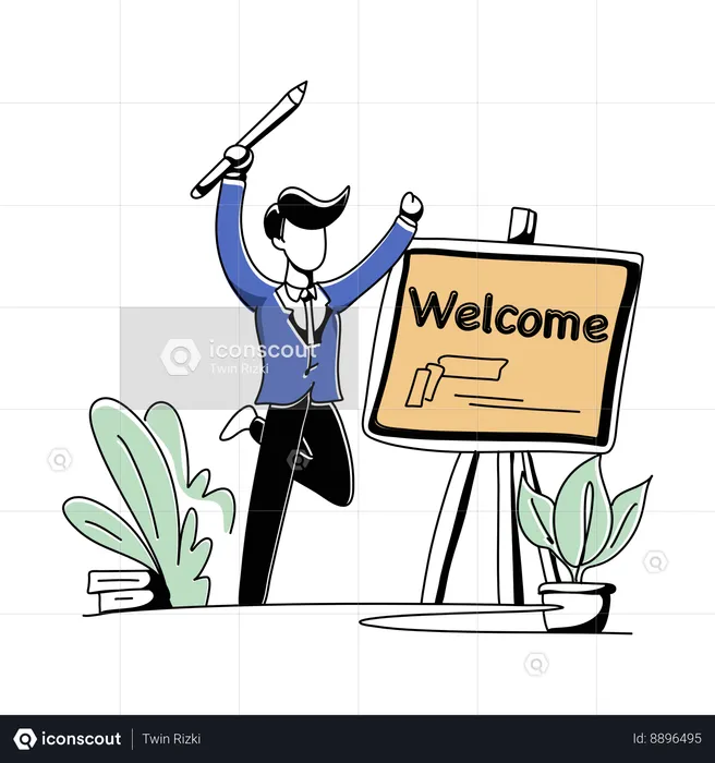 Young Man Write Welcome On Board  Illustration